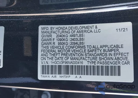 2022 Honda Accord Hybrid Touring from USA, damaged, VIN 1HGCV3F96NA000416